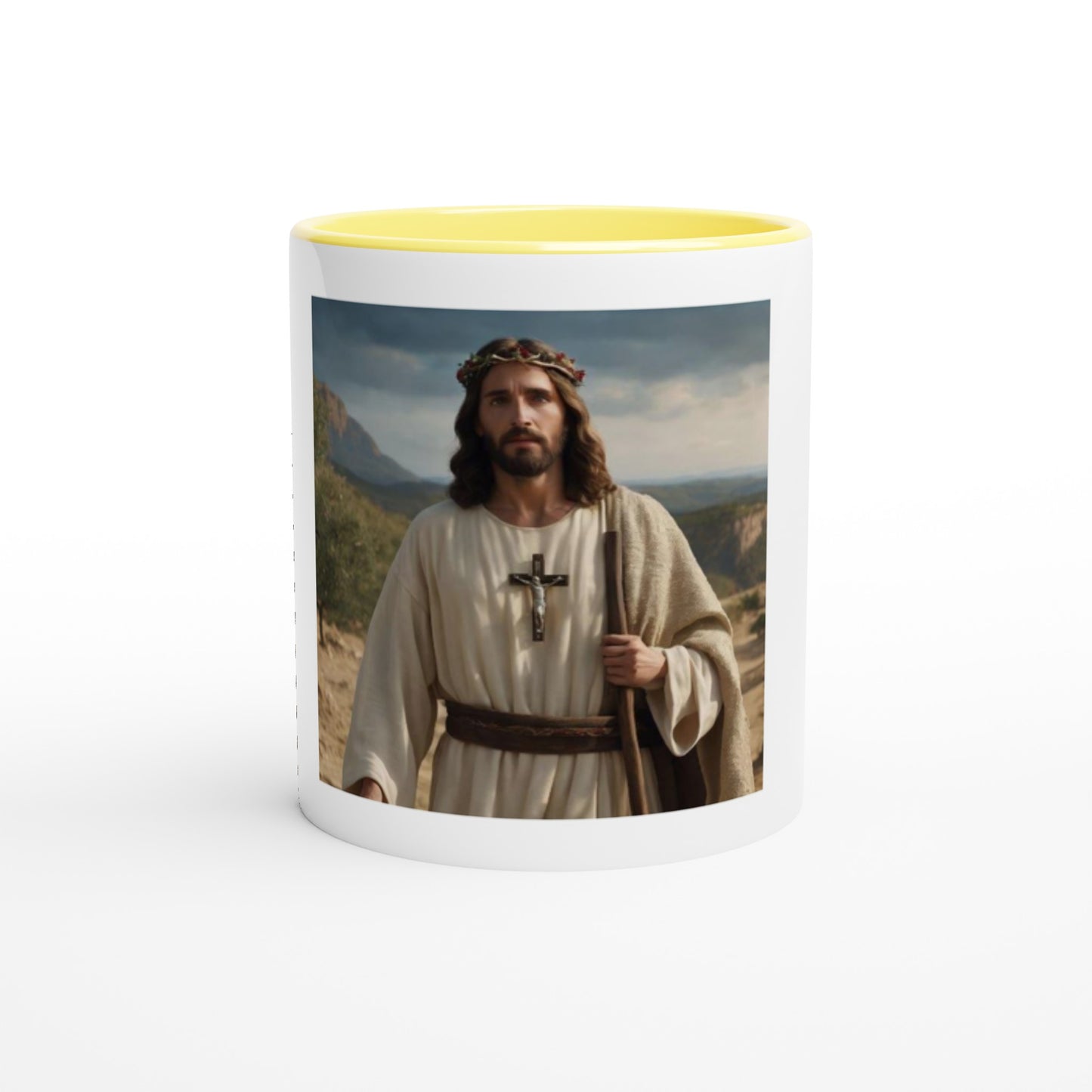 White 11oz Ceramic Mug with Color Inside jesus
